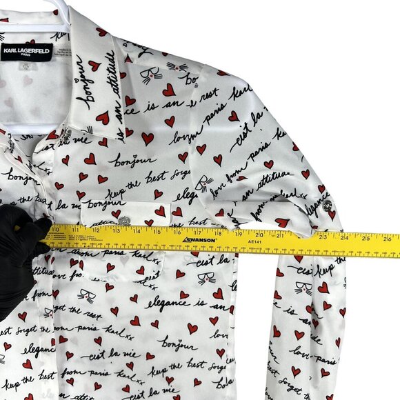 Karl Lagerfeld Paris XS White Blouse Red Heart Script Button Up Roll Tab Sleeve - Picture 11 of 16